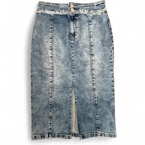 Denim Midi Skirt with Frayed Hem
